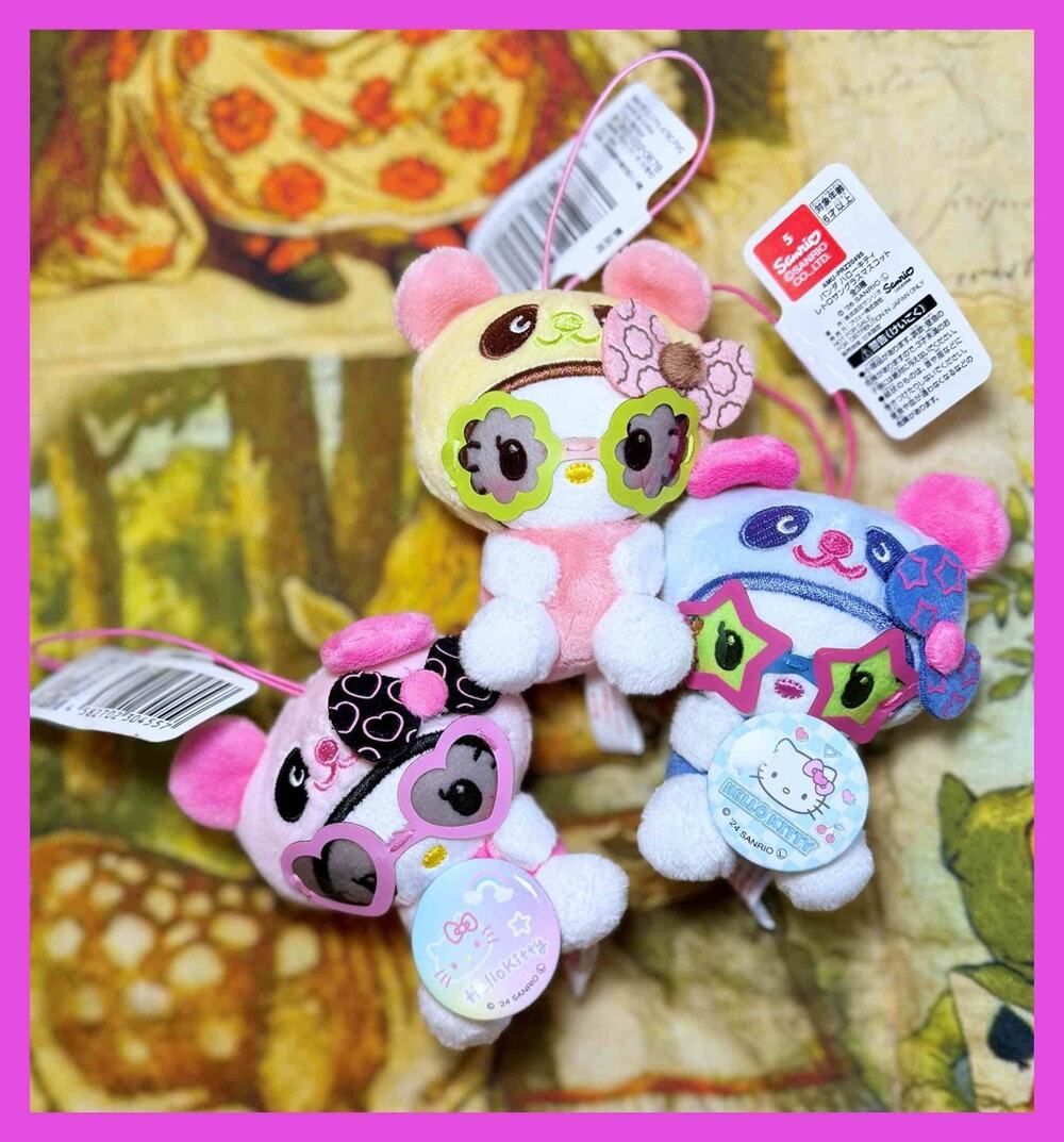 Sanrio Hello Kitty Panda Bear Retro Sunglasses Mini Plush Mascot Charm Lot of 3